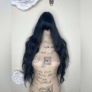 NTM: Natural Looking Long Wavy Black Wig with Full Bangs with Adjustable Straps